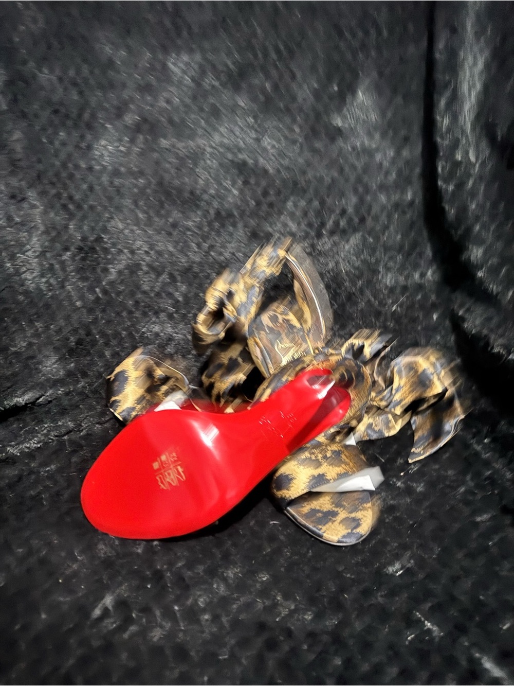 Christian Louboutin Leopard-Print Satin Ankle-Tie Heels in Gold and Black - Picture 5 of 11
